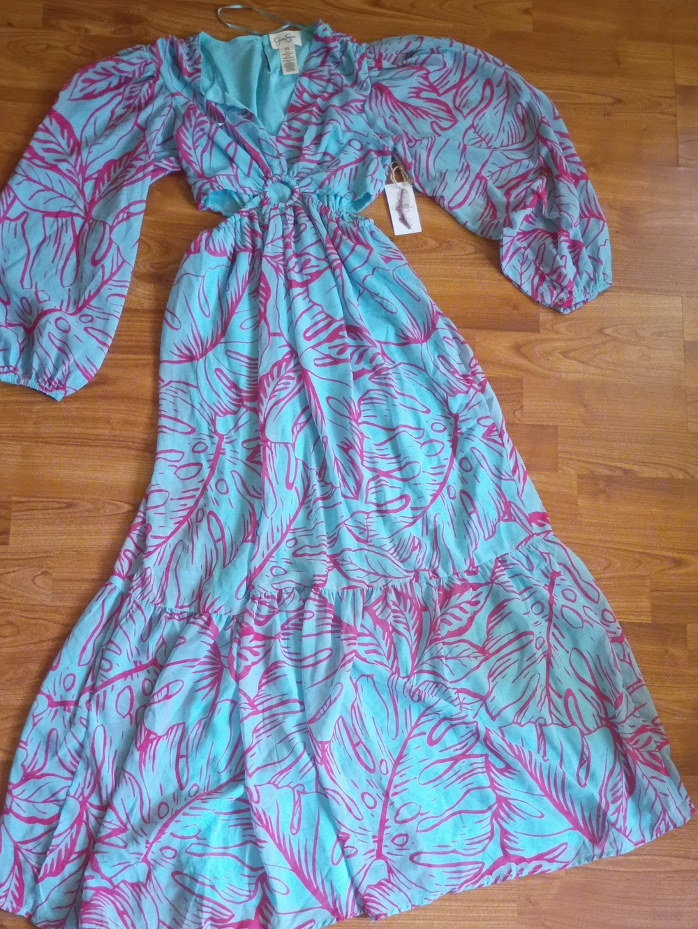 Jessica Simpson Teal Maxi Dress with Magenta Leaf Print